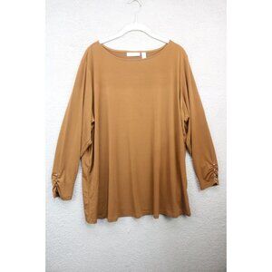 Susan Graver Brown Long Sleeve Silky Tunic-Size 2X-Button Sleeves-Minimalist